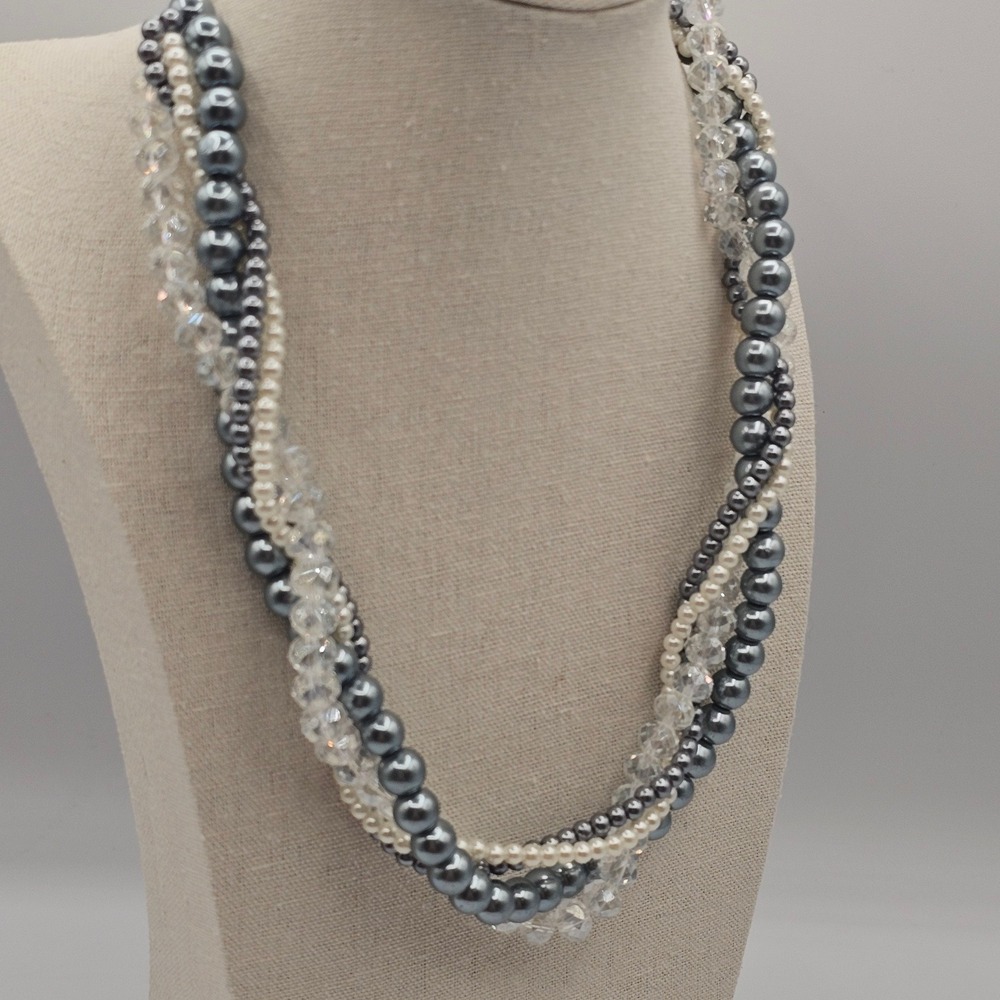 Multi-Strand Faux Pearl & Crystal Bead Necklace Wedding Bridal Formal - Picture 2 of 7
